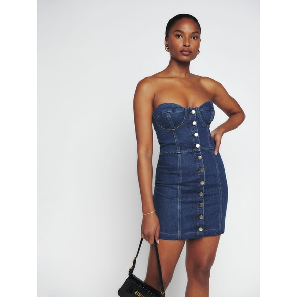 Reformation Dresses & Skirts - Reformation Strapless Denim Mini Dress Blue Button Front Sweetheart Bustier NEW